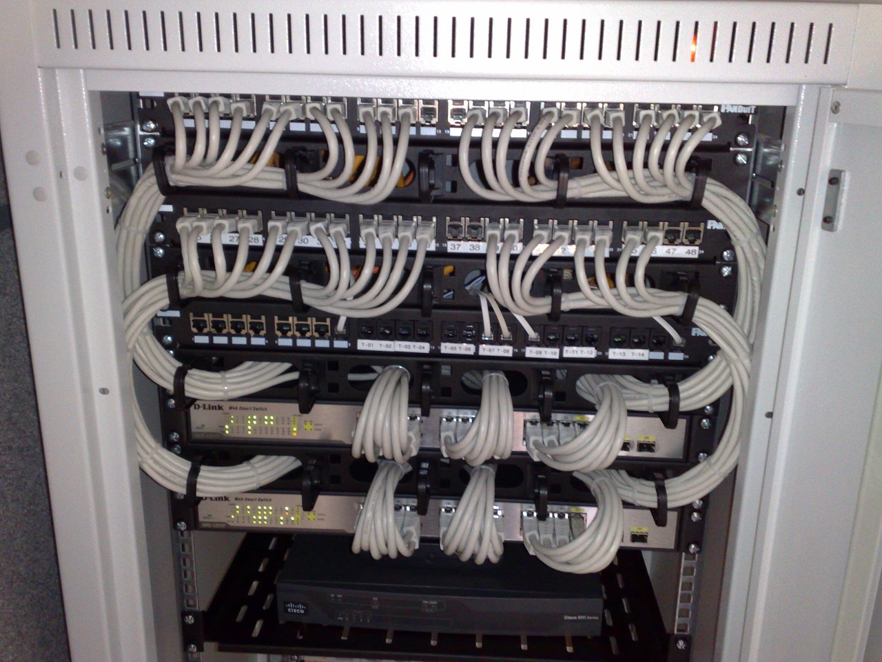 Switch ethernet dan patch panel di rak jaringan